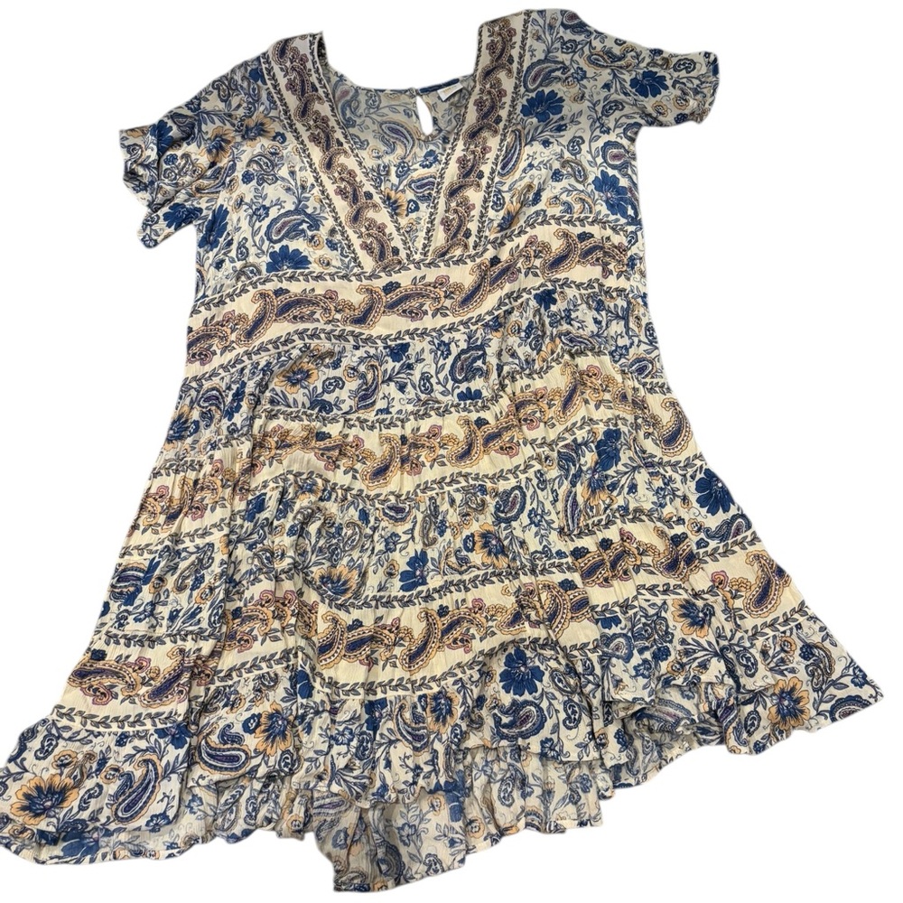 Bica Short Sleeve V-Neck Dress Cornflower Blue Tan Paisley‎ Print Size XL